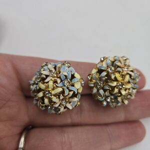 Vintage Signed Sandor Blue Yellow Enamel Domed Flower & Rhinestone Earrings